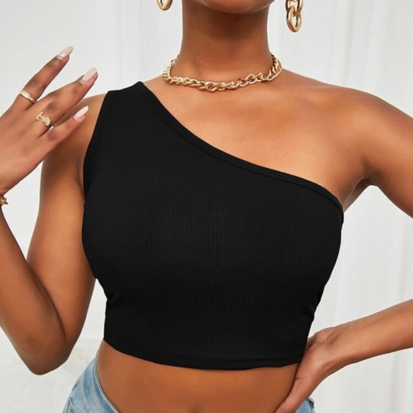 Tops - One shoulder ribbed knit crop top tank y2k black